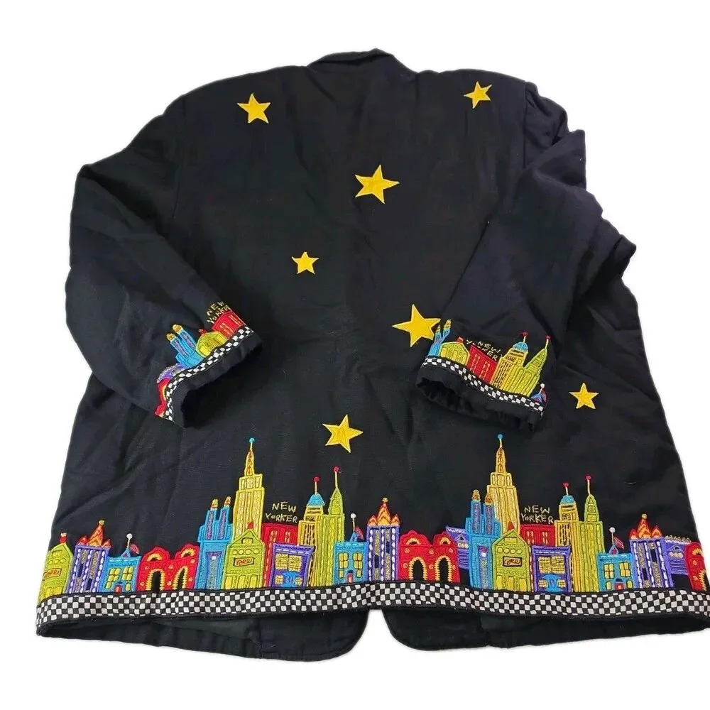 Vintage Womens Anage City Scape New Yorker Blazer Jacket 2X Embroidered Stars